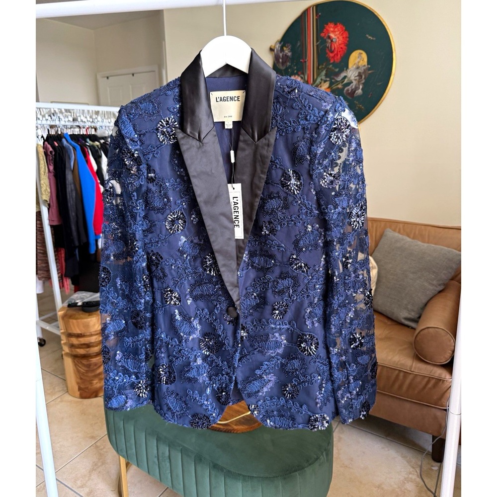 L'AGENCE Navy Sequin Lace Blazer Satin Notch Lapel Button Front Size 2